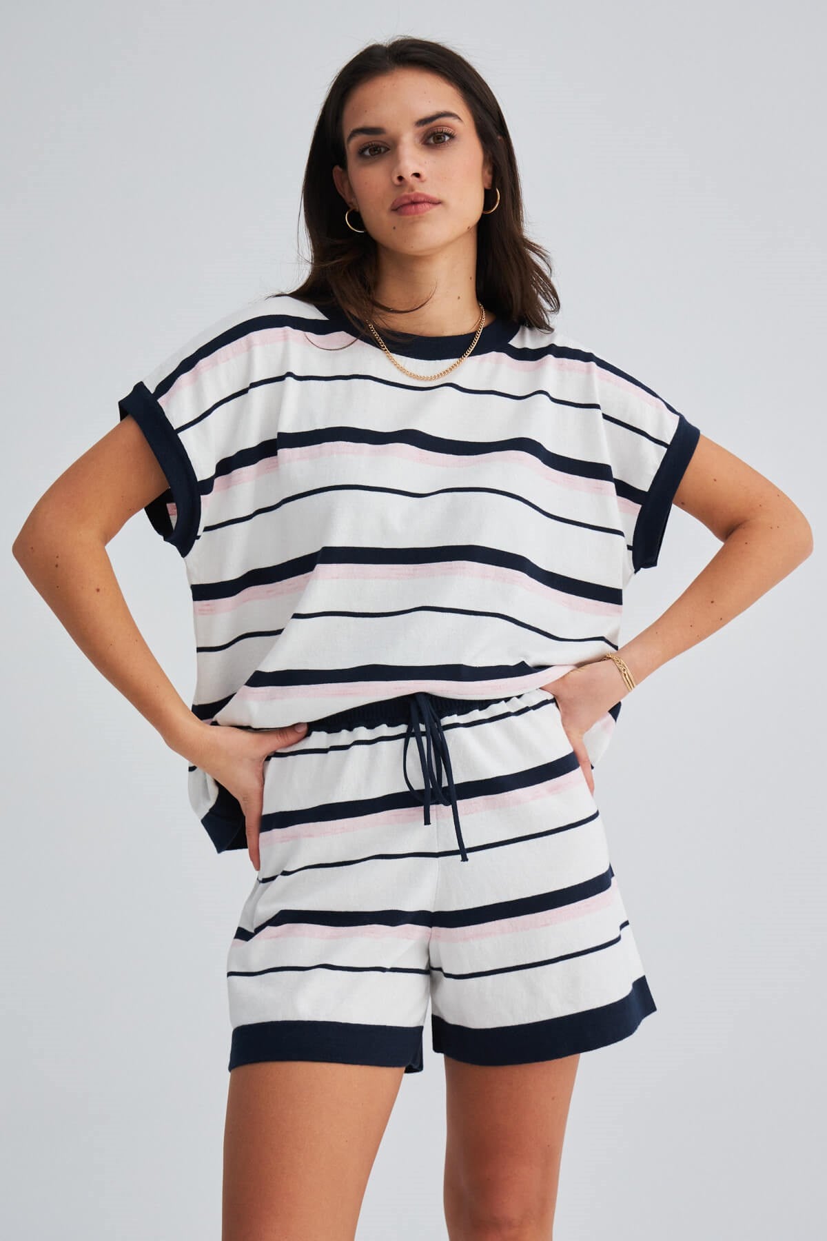 Peraluna Marine Blouse & Shorts %100 Pamuk Yazlık Kadın Triko Şort Takım - Lacivert/Ekru