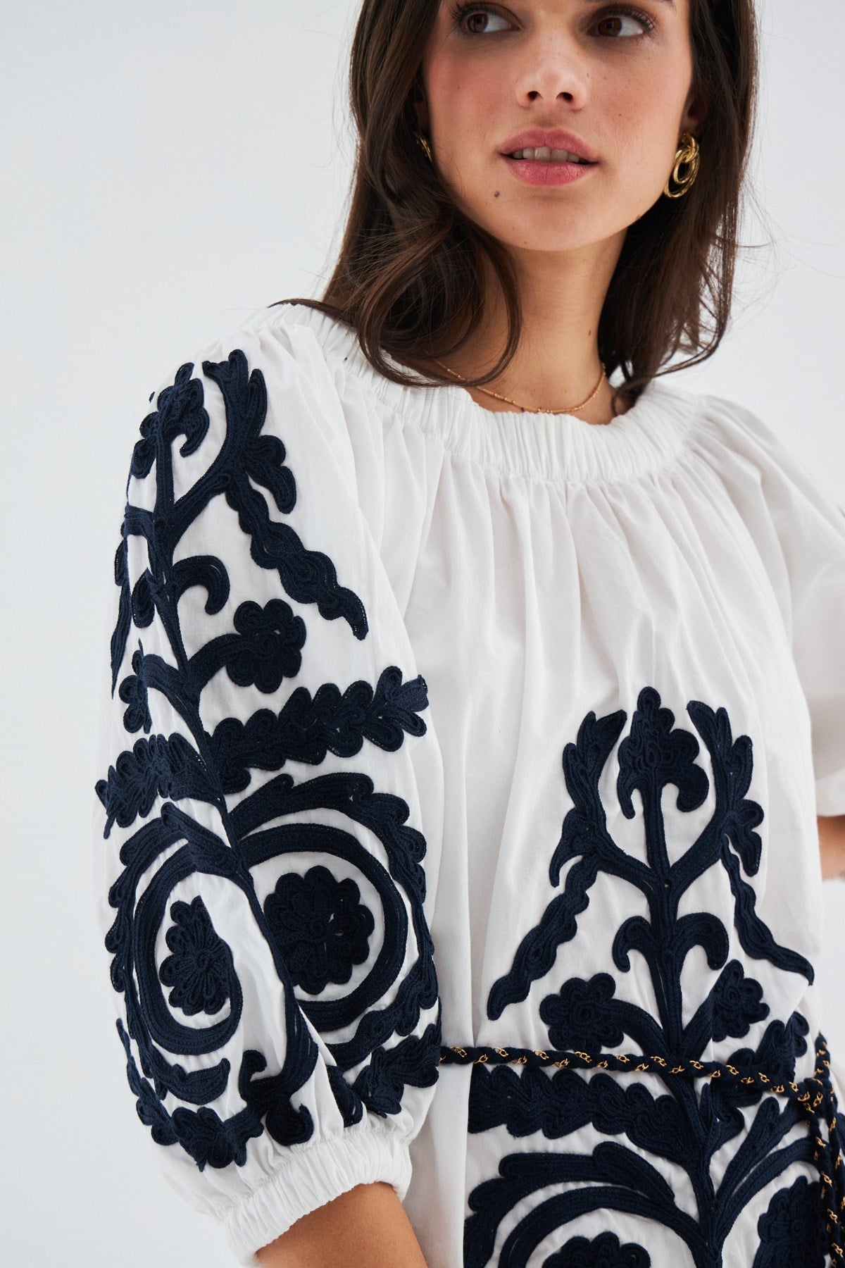Peraluna Masumi Dress %100 Pamuk Diz Hizası Yazlık Kadın Elbise - Beyaz/Lacivert