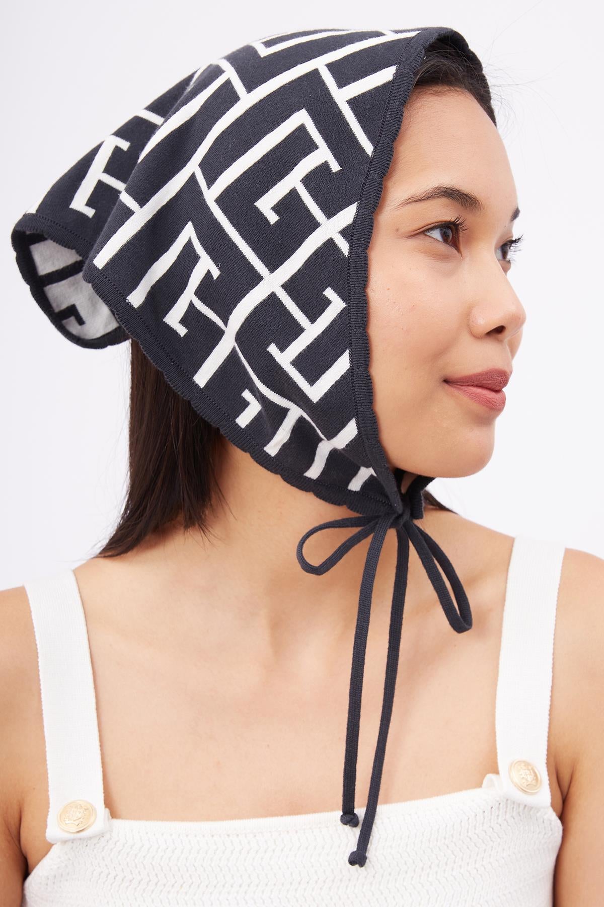 Peraluna Maze Head Scarf Jakarlı Organik Pamuk Kadın Triko Bandana - Antrasit/Ekru