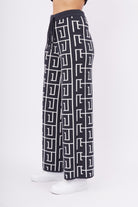 Peraluna-Maze Trouser Labirent Desen Yüksek Bel Rahat Kesim Beli Lastikli Kadın Triko Pantolon Antrasit/Ekru-Pantolon-4-Milagron.com