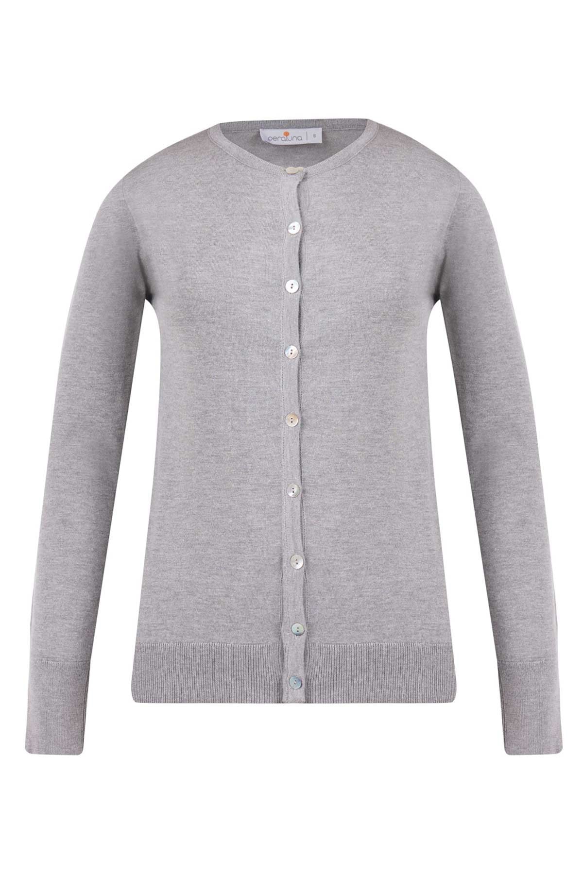 Peraluna Mila Cardigan Bisiklet Yaka Basic Pamuklu Kadın Triko Hırka - Gri Melanj