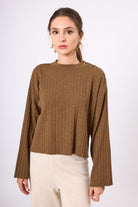 Peraluna-Molly Omuzu Düğmeli Kadın Triko Kazak Kahve Melanj-Kazak & Triko-2-Milagron.com