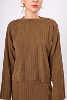 Peraluna-Molly Omuzu Düğmeli Kadın Triko Kazak Kahve Melanj-Kazak & Triko-3-Milagron.com