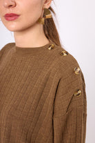 Peraluna-Molly Omuzu Düğmeli Kadın Triko Kazak Kahve Melanj-Kazak & Triko-4-Milagron.com