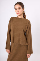 Peraluna-Molly Omuzu Düğmeli Kadın Triko Kazak Kahve Melanj-Kazak & Triko-8-Milagron.com