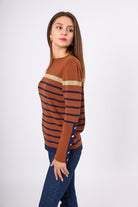 Peraluna-Monroe Çizgili Kadın Triko Kazak Kızıl Kahve-Kazak & Triko-7-Milagron.com