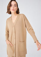 Peraluna Nicola Long Cardigan Cepli Klasik Kesim V Yaka Uzun Kadın Triko Hırka - Camel Melanj