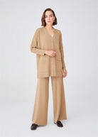 Peraluna Nicola Long Cardigan Cepli Klasik Kesim V Yaka Uzun Kadın Triko Hırka - Camel Melanj
