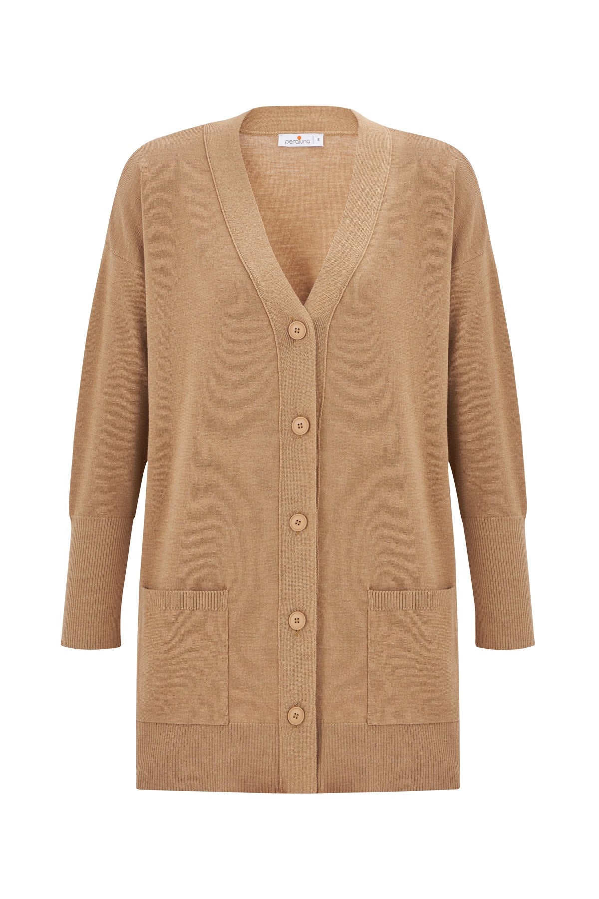 Peraluna Nicola Long Cardigan Cepli Klasik Kesim V Yaka Uzun Kadın Triko Hırka - Camel Melanj