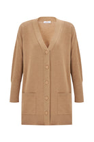 Peraluna Nicola Long Cardigan Cepli Klasik Kesim V Yaka Uzun Kadın Triko Hırka - Camel Melanj