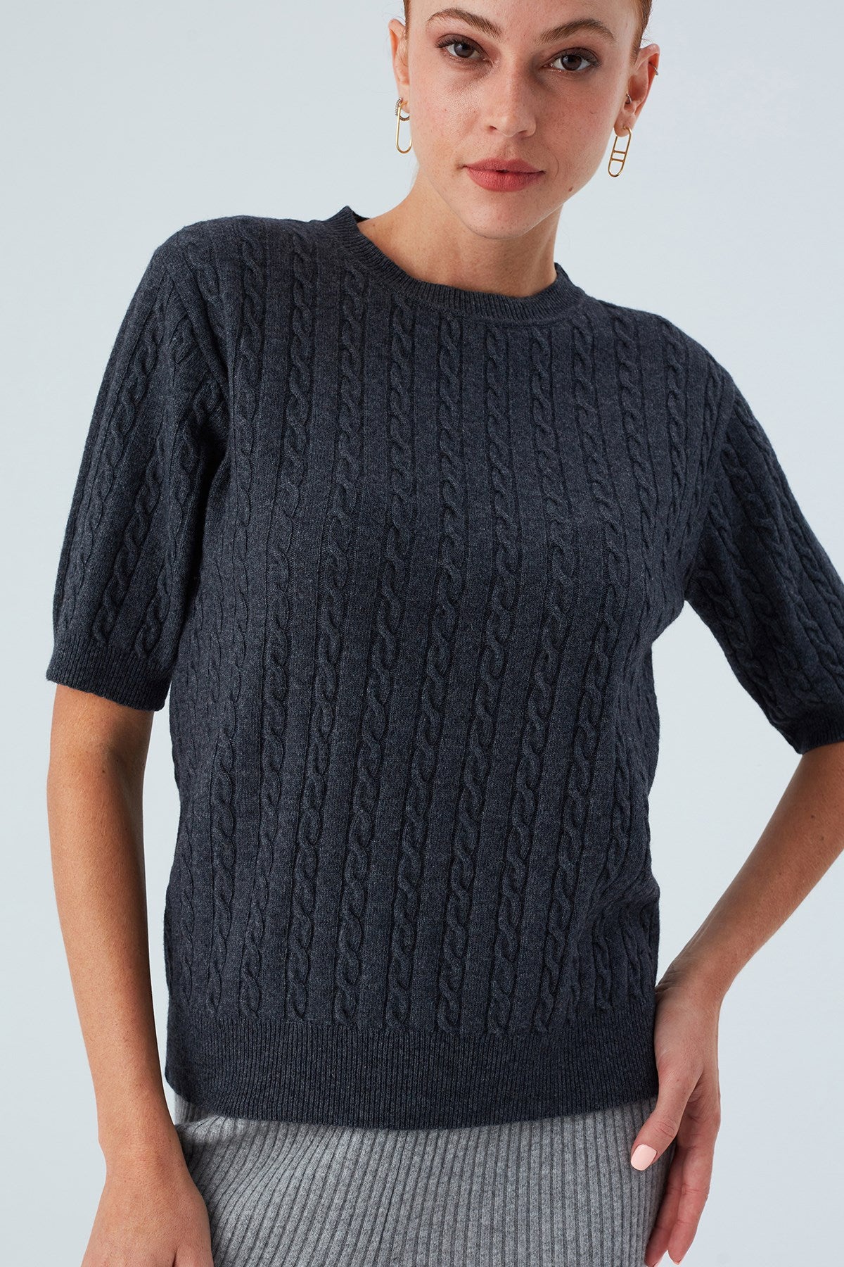 Peraluna Nicole Blouse Saç Örgülü Kısa Kollu Kaşmirli Kadın Triko Bluz - Antrasit