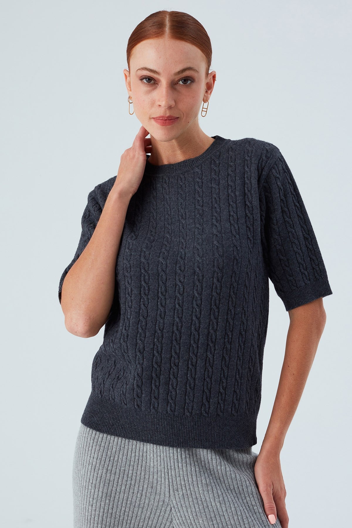 Peraluna Nicole Blouse Saç Örgülü Kısa Kollu Kaşmirli Kadın Triko Bluz - Antrasit