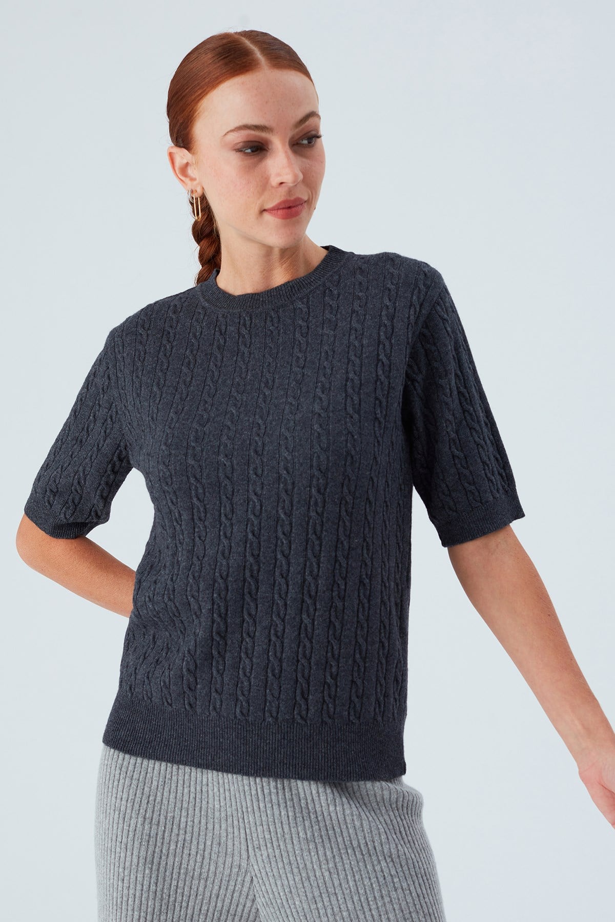 Peraluna Nicole Blouse Saç Örgülü Kısa Kollu Kaşmirli Kadın Triko Bluz - Antrasit