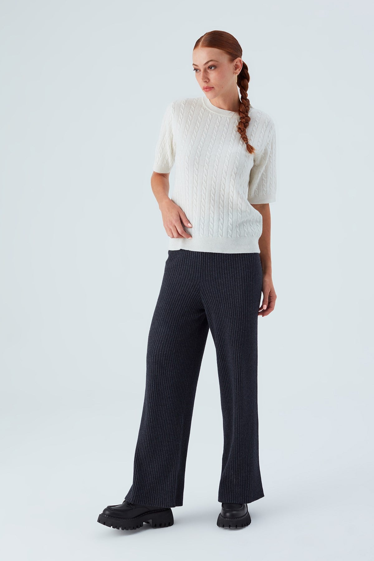 Peraluna Nicole Blouse Saç Örgülü Kısa Kollu Kaşmirli Kadın Triko Bluz - Ekru