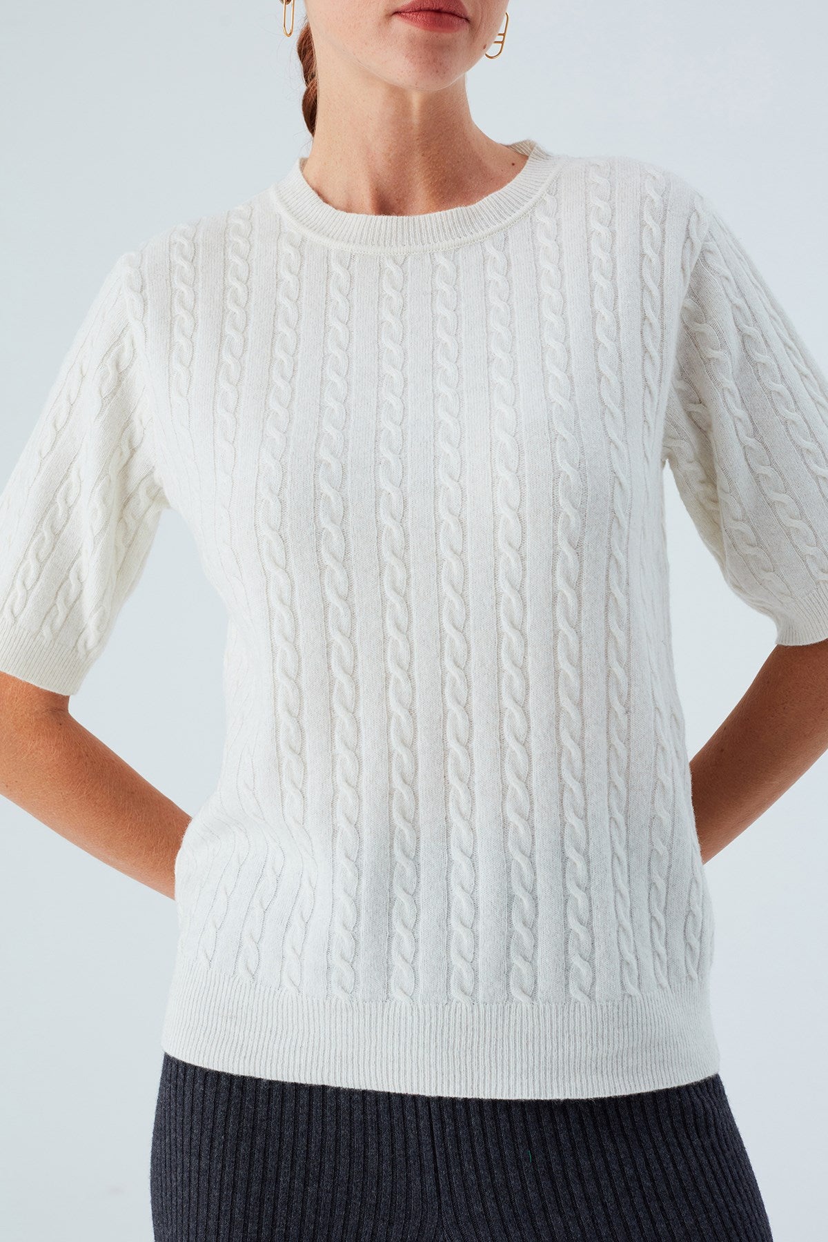 Peraluna Nicole Blouse Saç Örgülü Kısa Kollu Kaşmirli Kadın Triko Bluz - Ekru