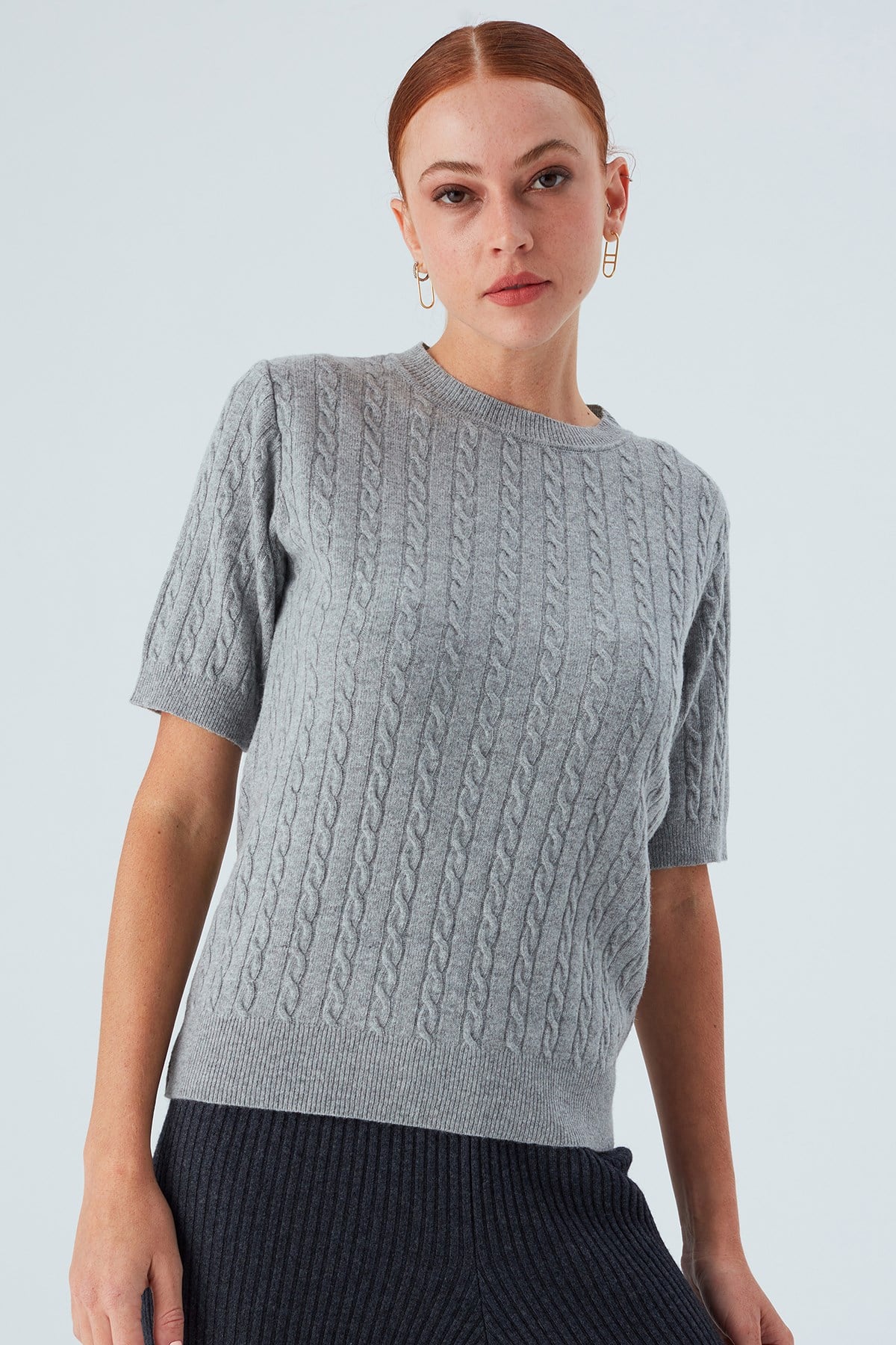Peraluna Nicole Blouse Saç Örgülü Kısa Kollu Kaşmirli Kadın Triko Bluz - Gri Melanj