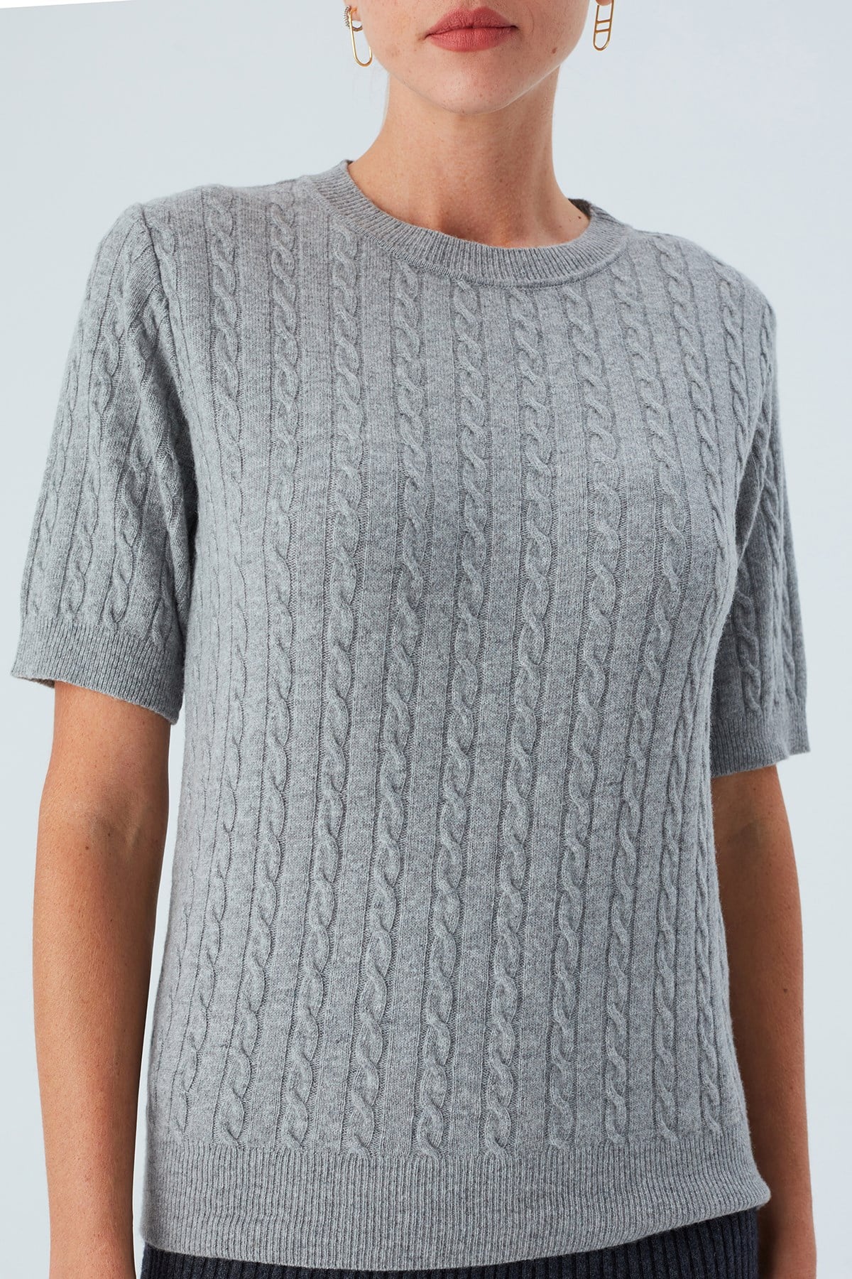Peraluna Nicole Blouse Saç Örgülü Kısa Kollu Kaşmirli Kadın Triko Bluz - Gri Melanj
