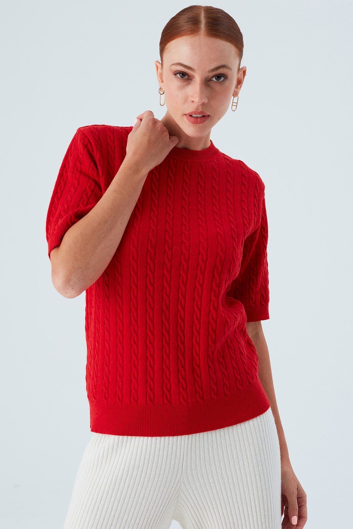 Peraluna Nicole Blouse Saç Örgülü Kısa Kollu Kaşmirli Kadın Triko Bluz - Kırmızı
