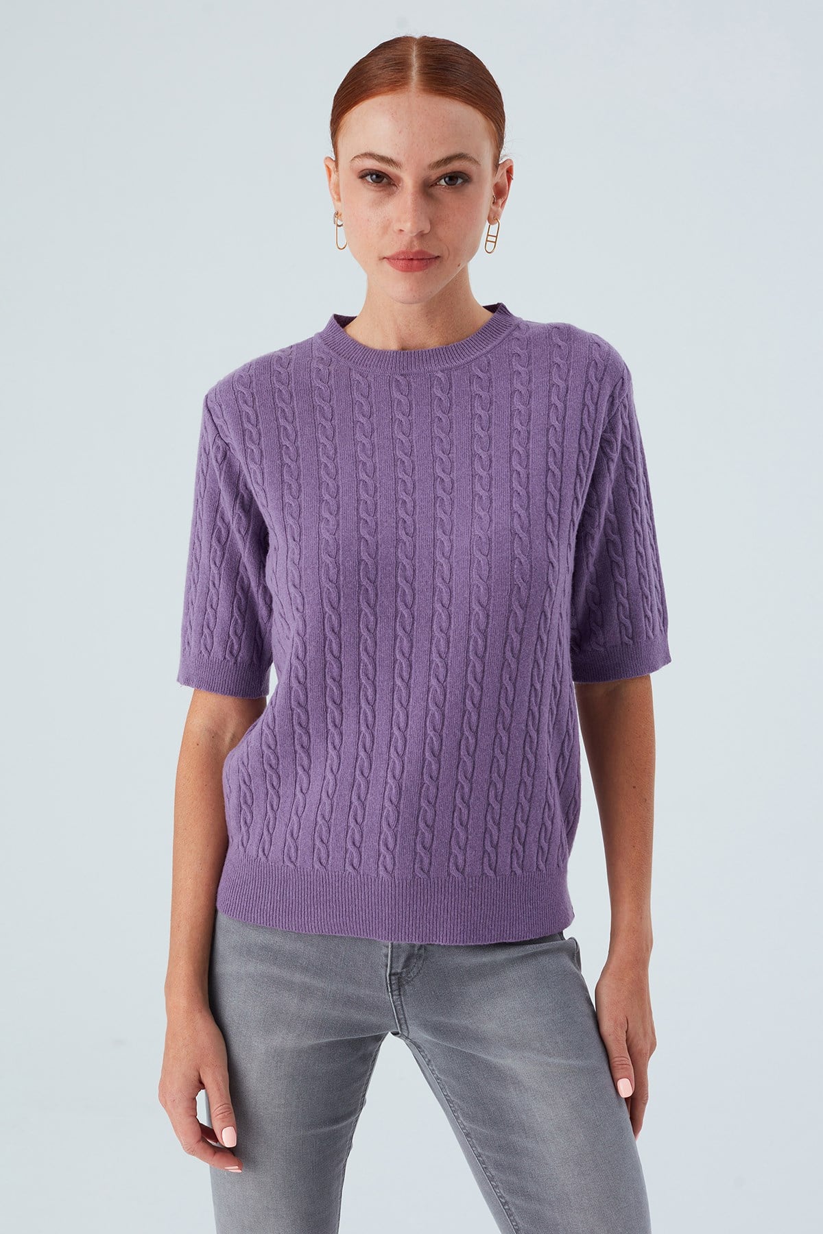 Peraluna Nicole Blouse Saç Örgülü Kısa Kollu Kaşmirli Kadın Triko Bluz - Pastel Mor