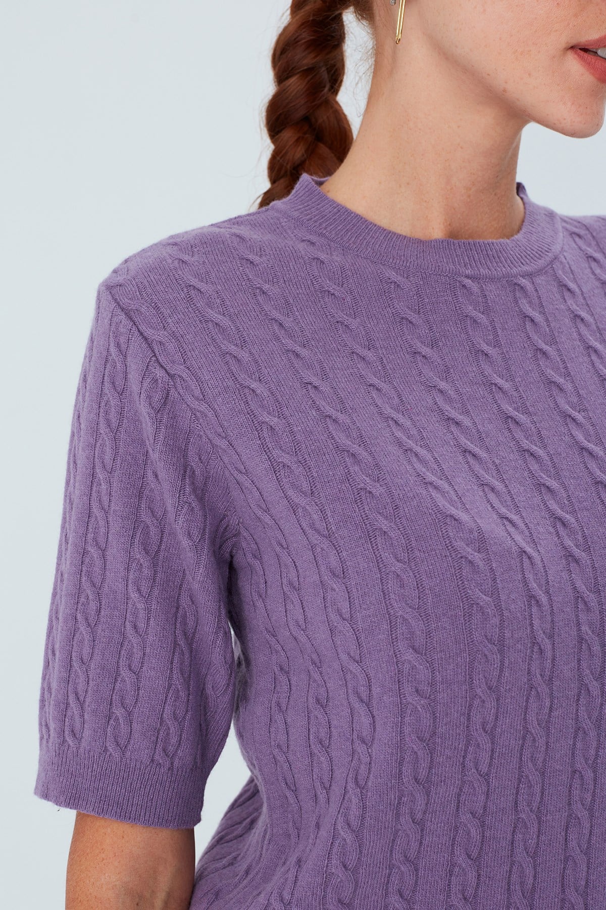 Peraluna Nicole Blouse Saç Örgülü Kısa Kollu Kaşmirli Kadın Triko Bluz - Pastel Mor