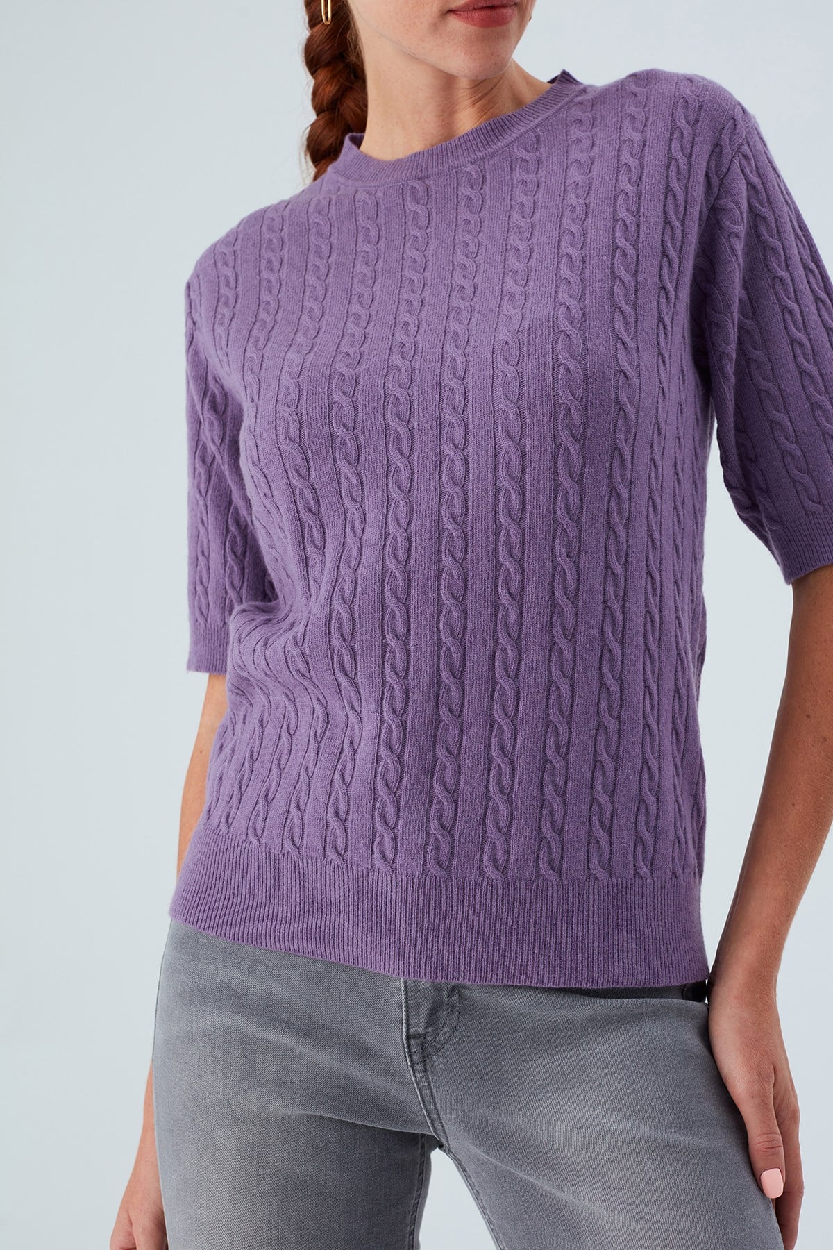 Peraluna Nicole Blouse Saç Örgülü Kısa Kollu Kaşmirli Kadın Triko Bluz - Pastel Mor