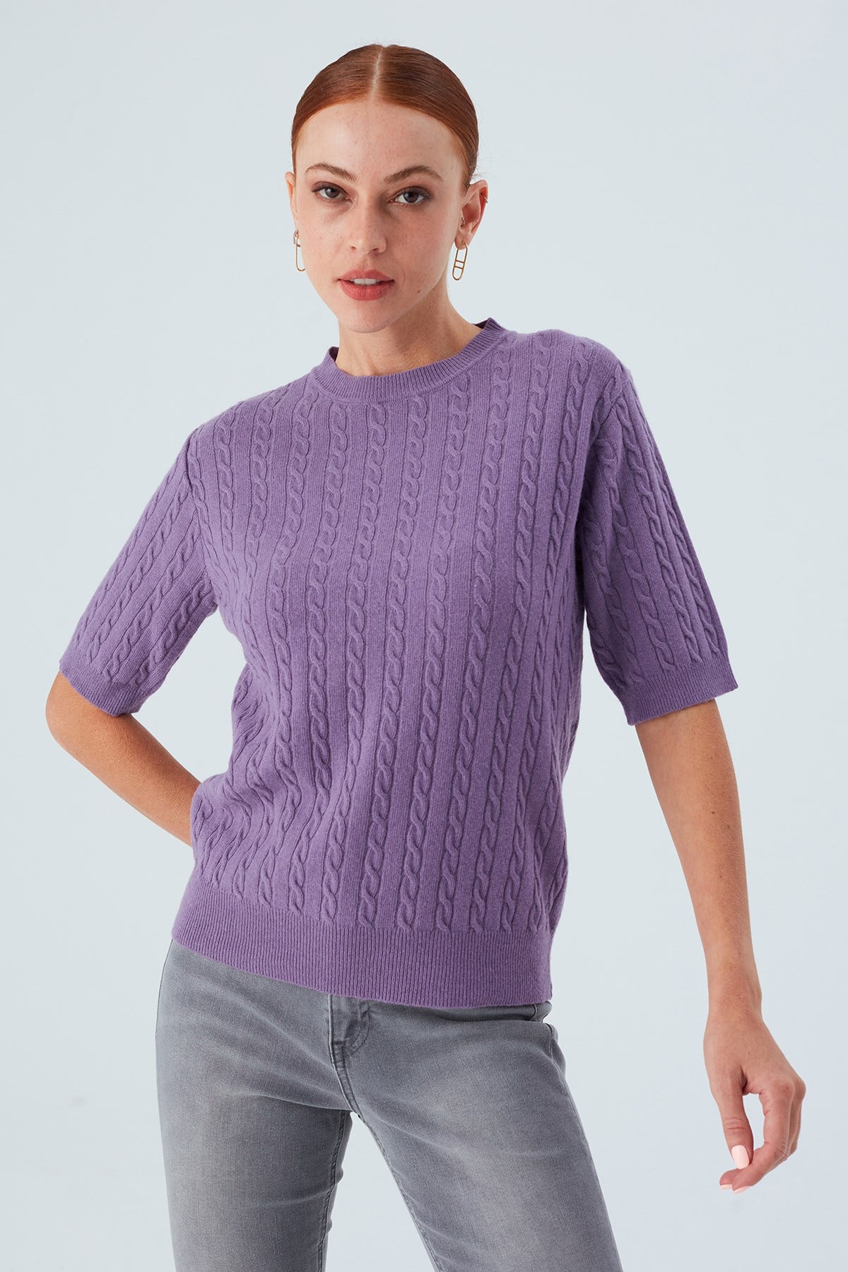 Peraluna Nicole Blouse Saç Örgülü Kısa Kollu Kaşmirli Kadın Triko Bluz - Pastel Mor