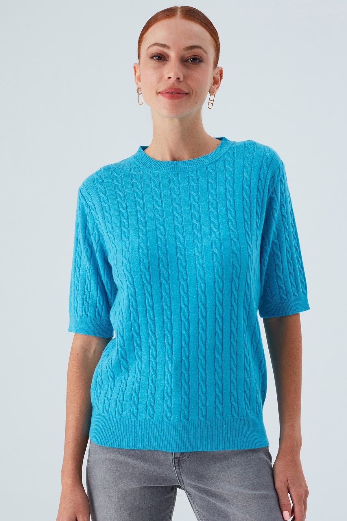 Peraluna Nicole Blouse Saç Örgülü Kısa Kollu Kaşmirli Kadın Triko Bluz - Turkuaz
