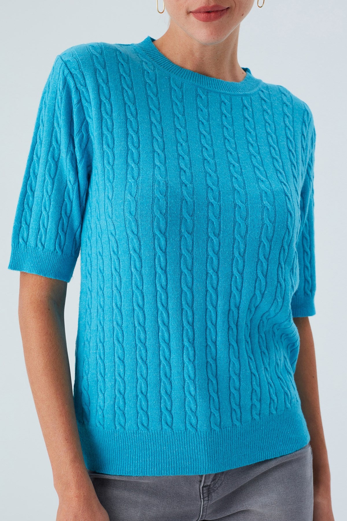 Peraluna Nicole Blouse Saç Örgülü Kısa Kollu Kaşmirli Kadın Triko Bluz - Turkuaz