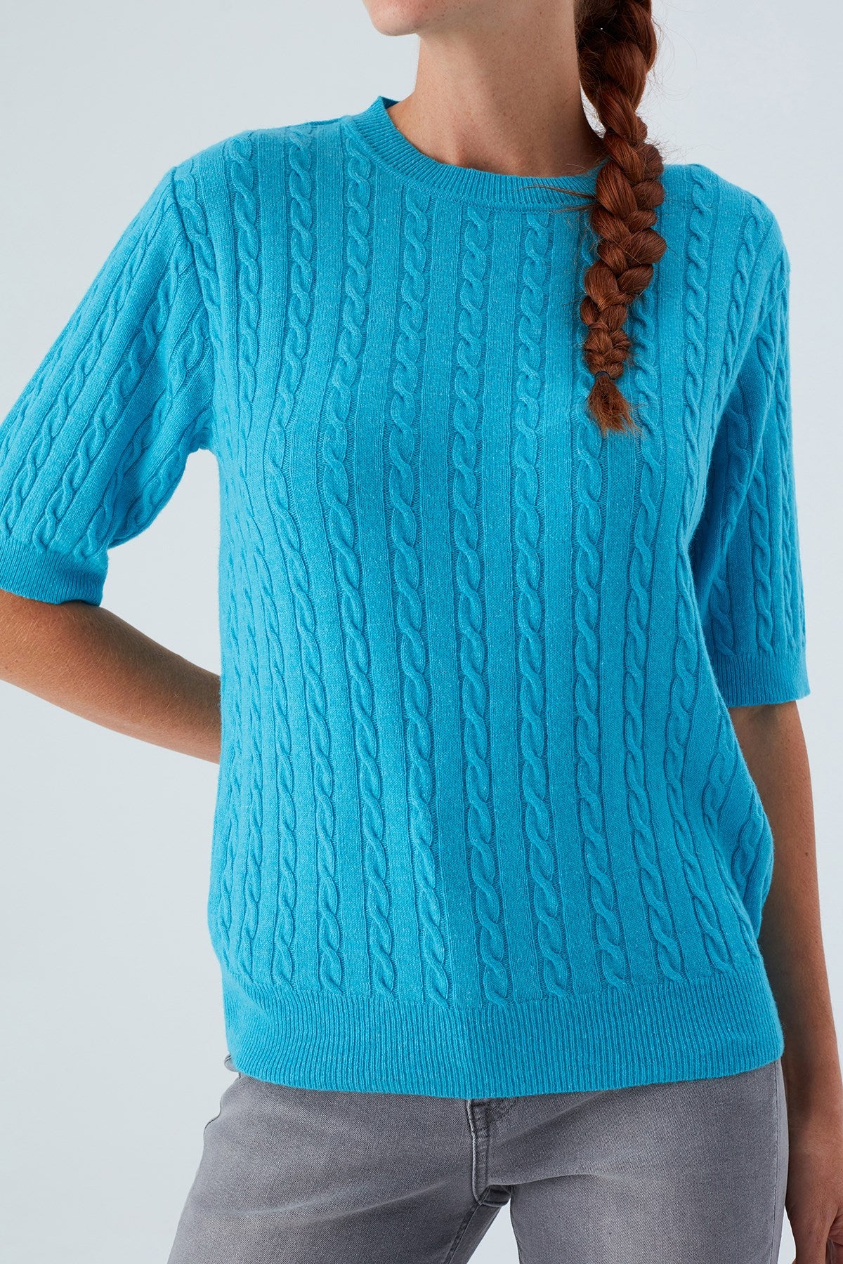 Peraluna Nicole Blouse Saç Örgülü Kısa Kollu Kaşmirli Kadın Triko Bluz - Turkuaz