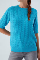 Peraluna Nicole Blouse Saç Örgülü Kısa Kollu Kaşmirli Kadın Triko Bluz - Turkuaz
