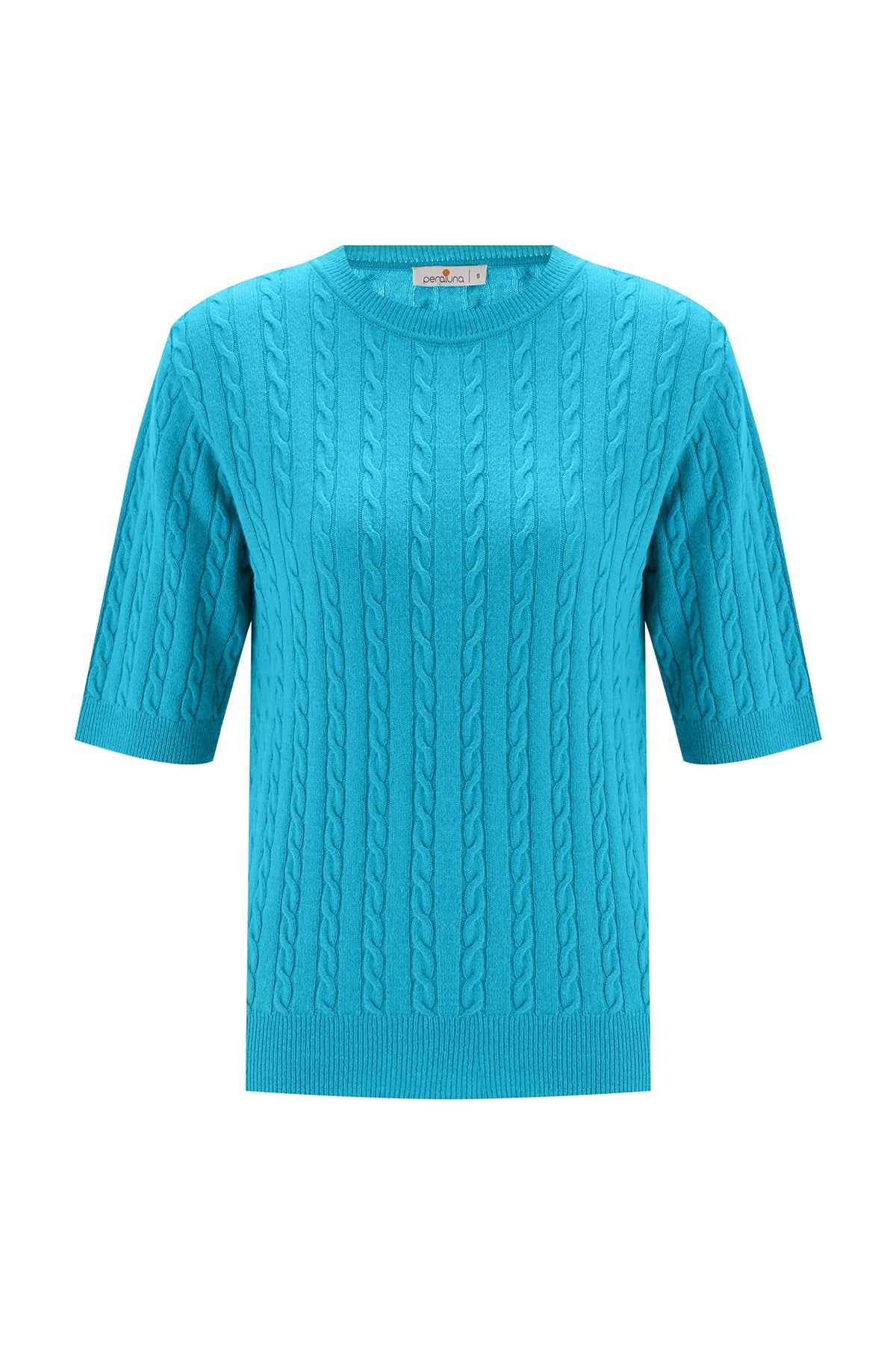 Peraluna Nicole Blouse Saç Örgülü Kısa Kollu Kaşmirli Kadın Triko Bluz - Turkuaz