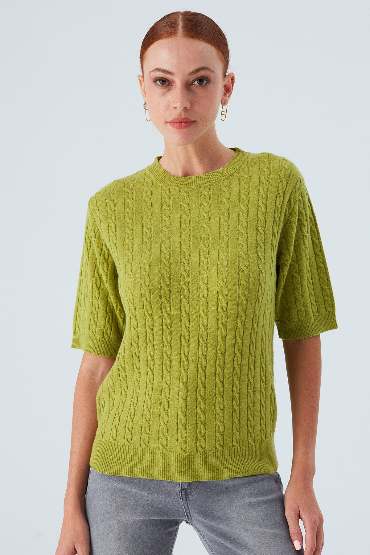 Peraluna Nicole Blouse Saç Örgülü Kısa Kollu Kaşmirli Kadın Triko Bluz - Yeşil
