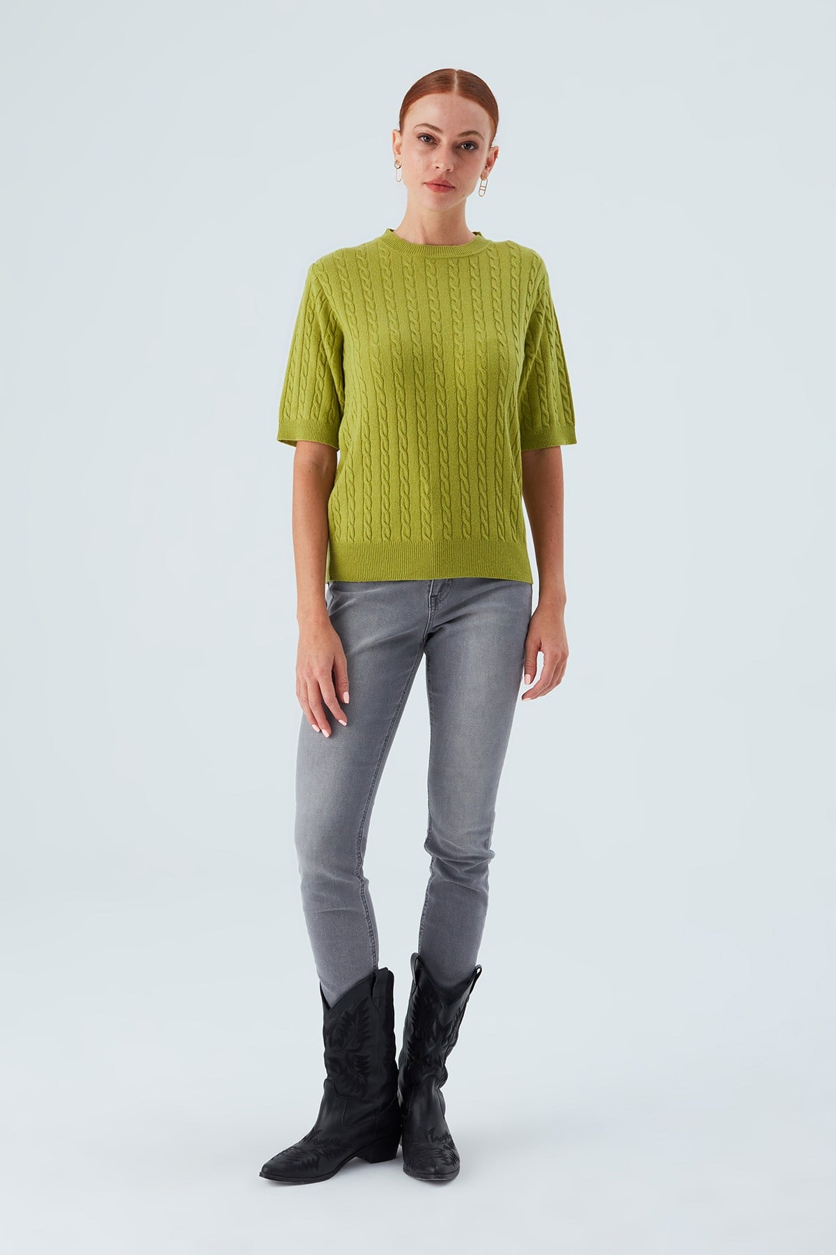 Peraluna Nicole Blouse Saç Örgülü Kısa Kollu Kaşmirli Kadın Triko Bluz - Yeşil