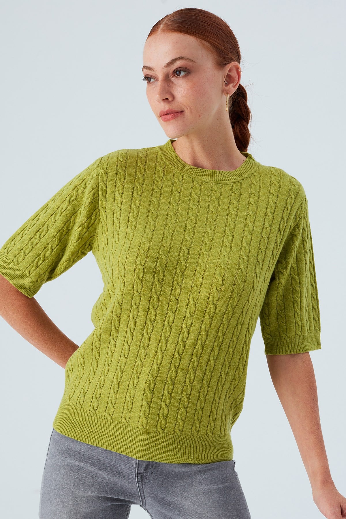Peraluna Nicole Blouse Saç Örgülü Kısa Kollu Kaşmirli Kadın Triko Bluz - Yeşil