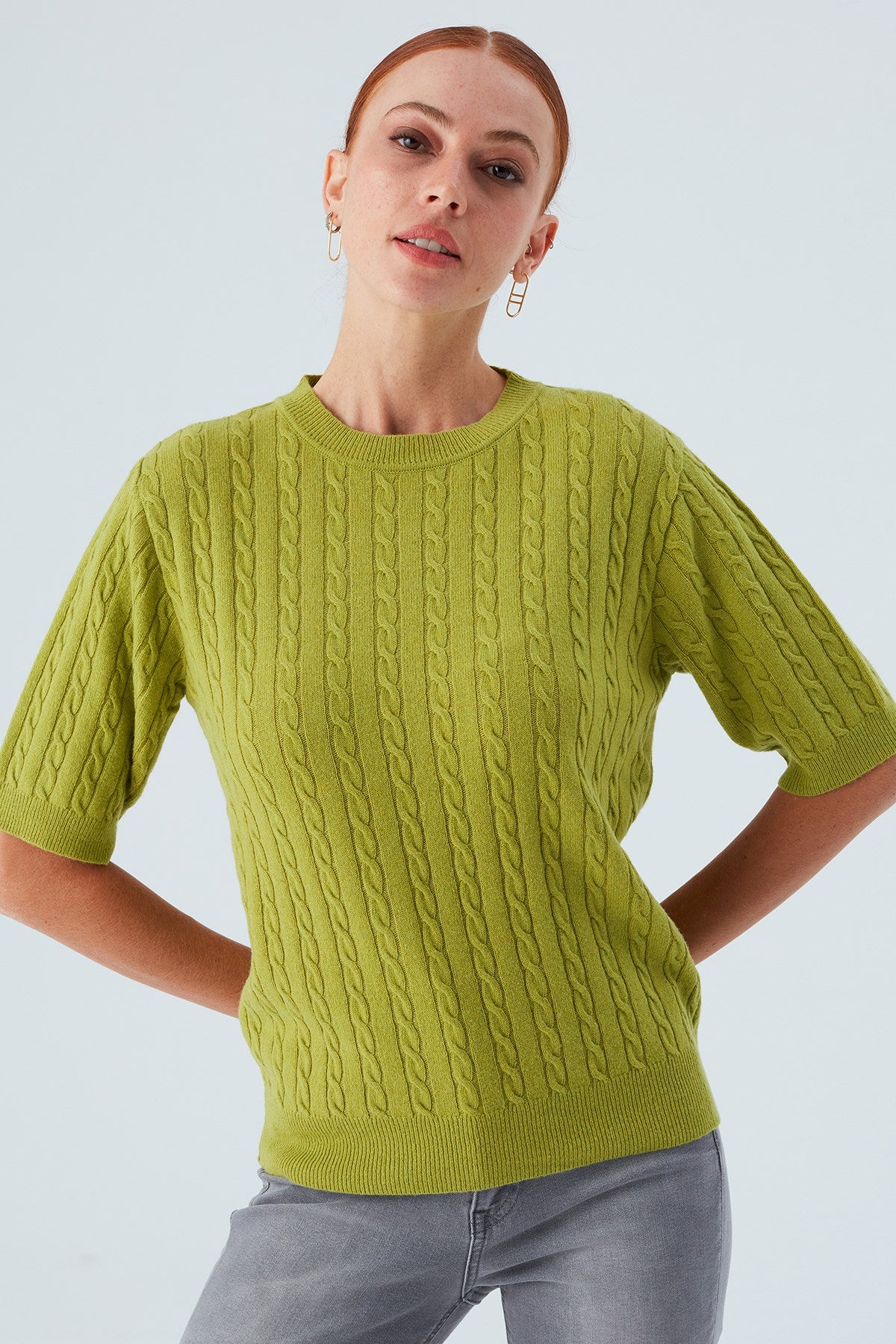 Peraluna Nicole Blouse Saç Örgülü Kısa Kollu Kaşmirli Kadın Triko Bluz - Yeşil