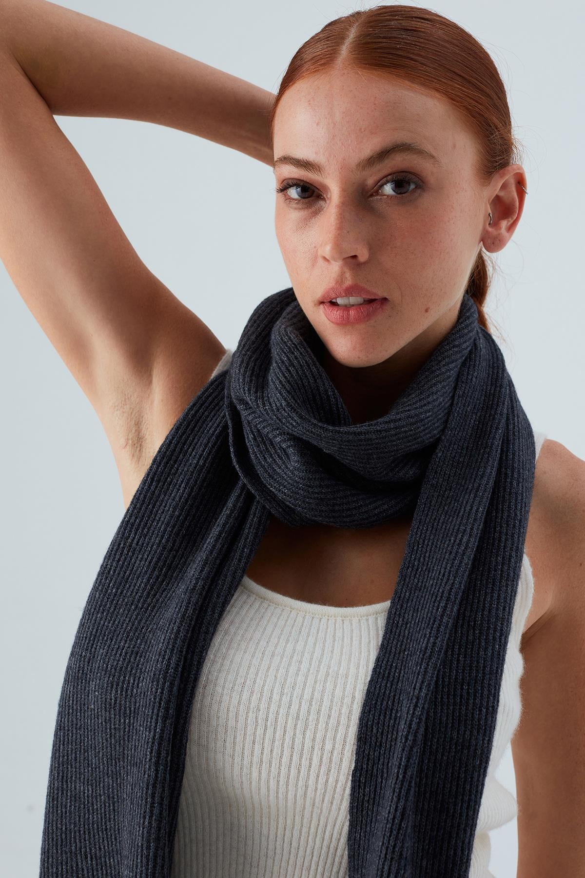 Peraluna Nomi Scarf Selanik Örgü Kaşmir Karışımlı Yumuşak Kadın Triko Atkı - Antrasit