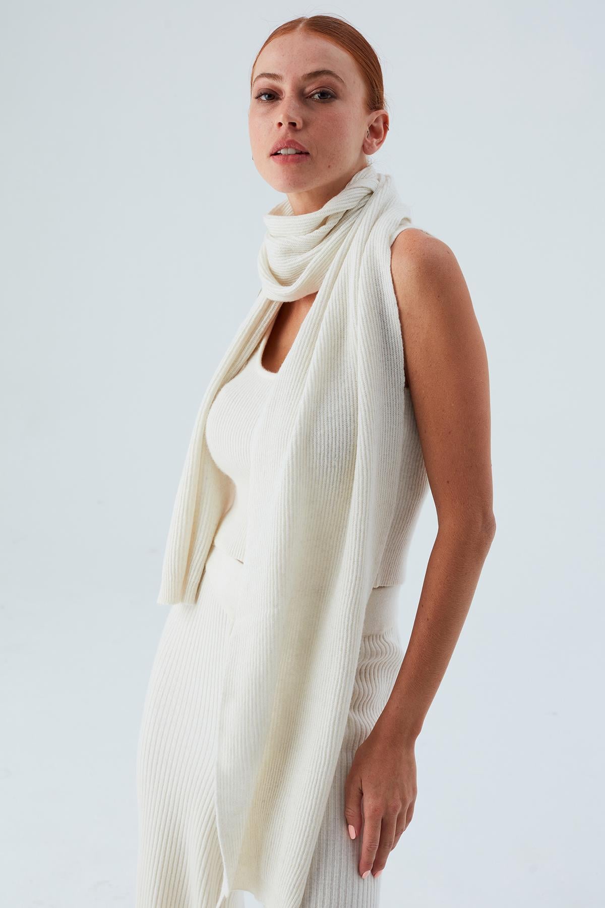 Peraluna Nomi Scarf Selanik Örgü Kaşmir Karışımlı Yumuşak Kadın Triko Atkı - Ekru