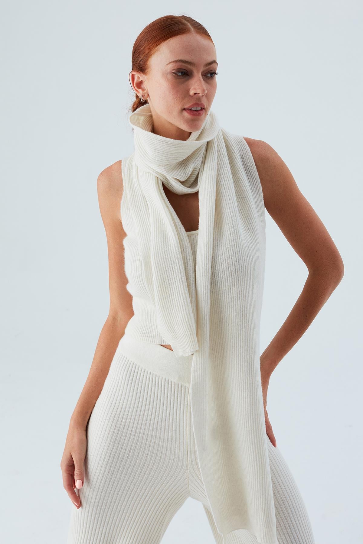 Peraluna Nomi Scarf Selanik Örgü Kaşmir Karışımlı Yumuşak Kadın Triko Atkı - Ekru