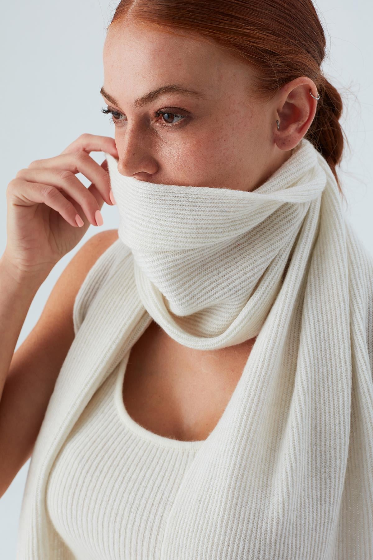 Peraluna Nomi Scarf Selanik Örgü Kaşmir Karışımlı Yumuşak Kadın Triko Atkı - Ekru