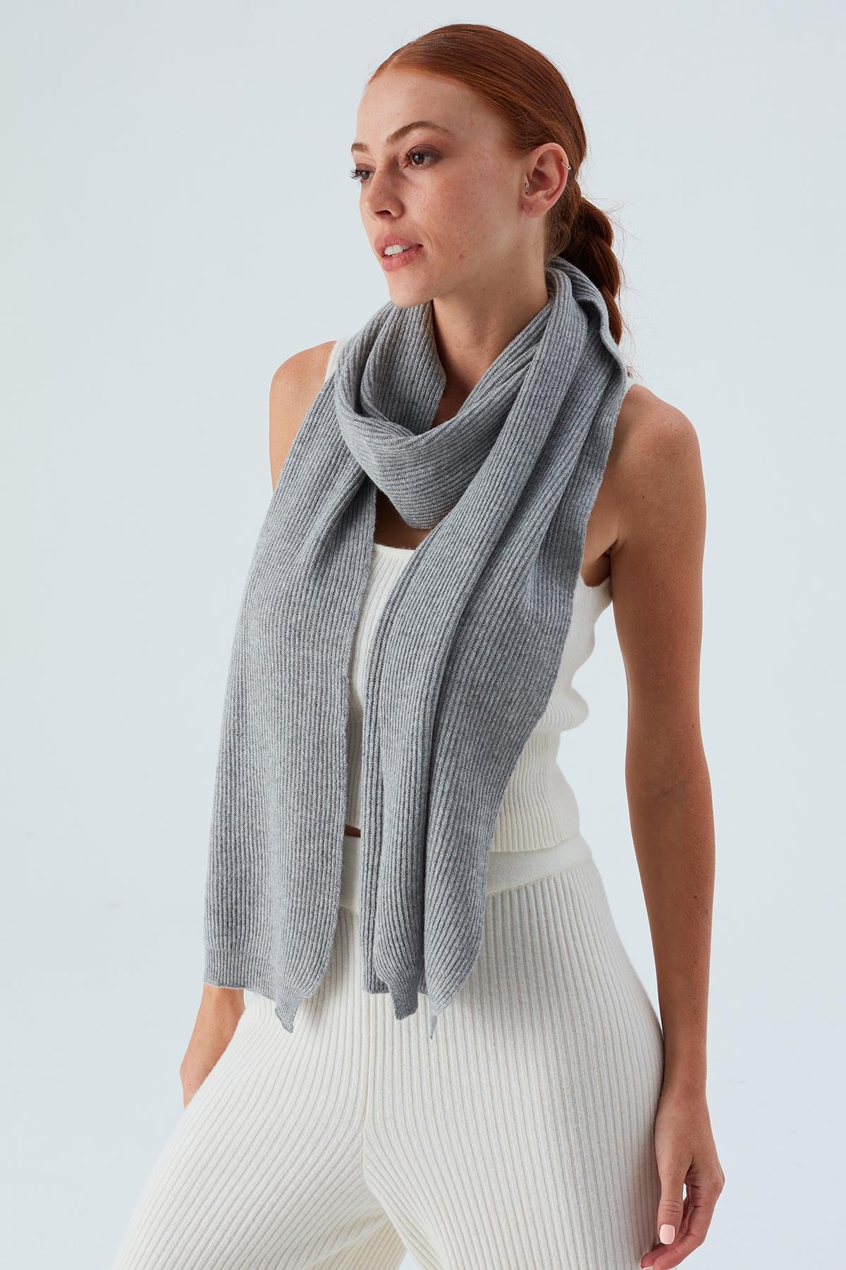 Peraluna Nomi Scarf Selanik Örgü Kaşmir Karışımlı Yumuşak Kadın Triko Atkı - Gri Melanj