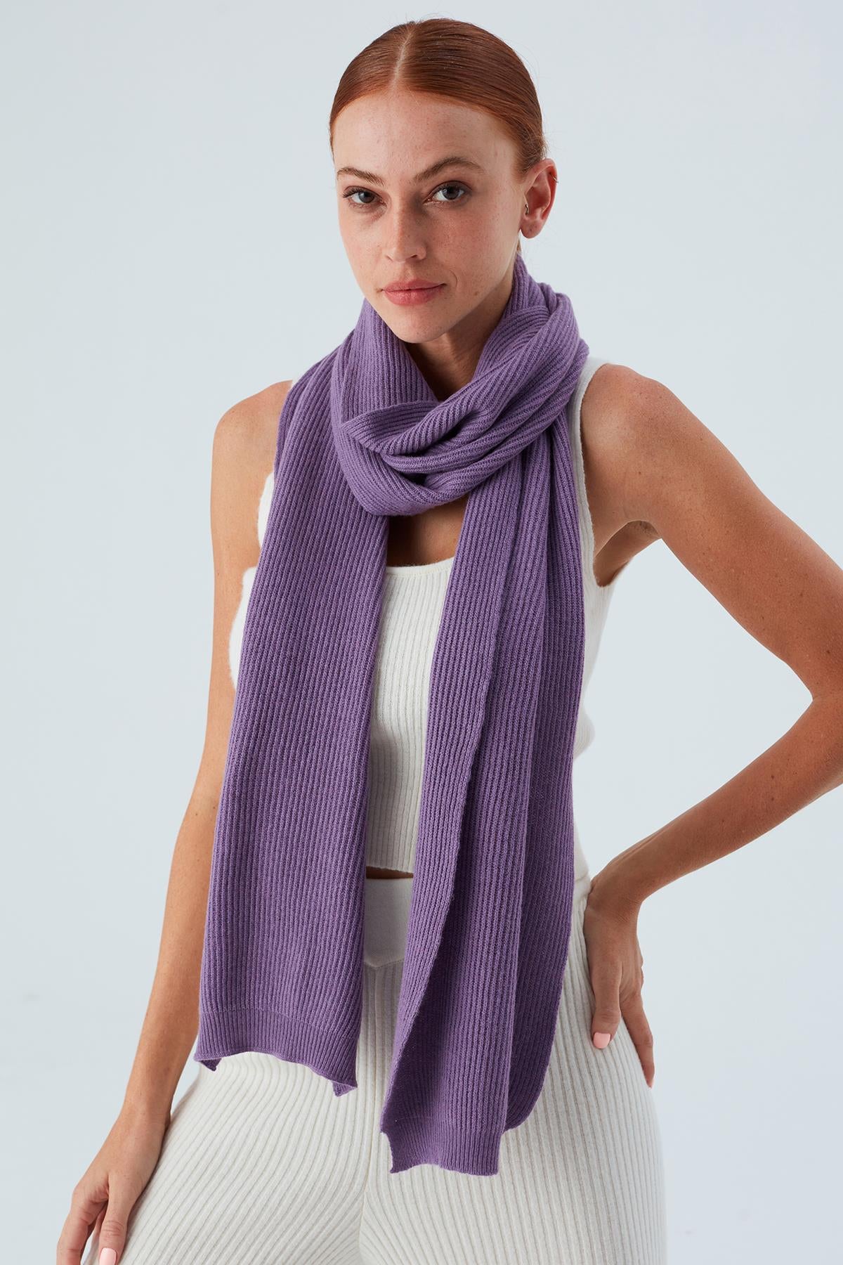 Peraluna Nomi Scarf Selanik Örgü Kaşmir Karışımlı Yumuşak Kadın Triko Atkı - Pastel Mor