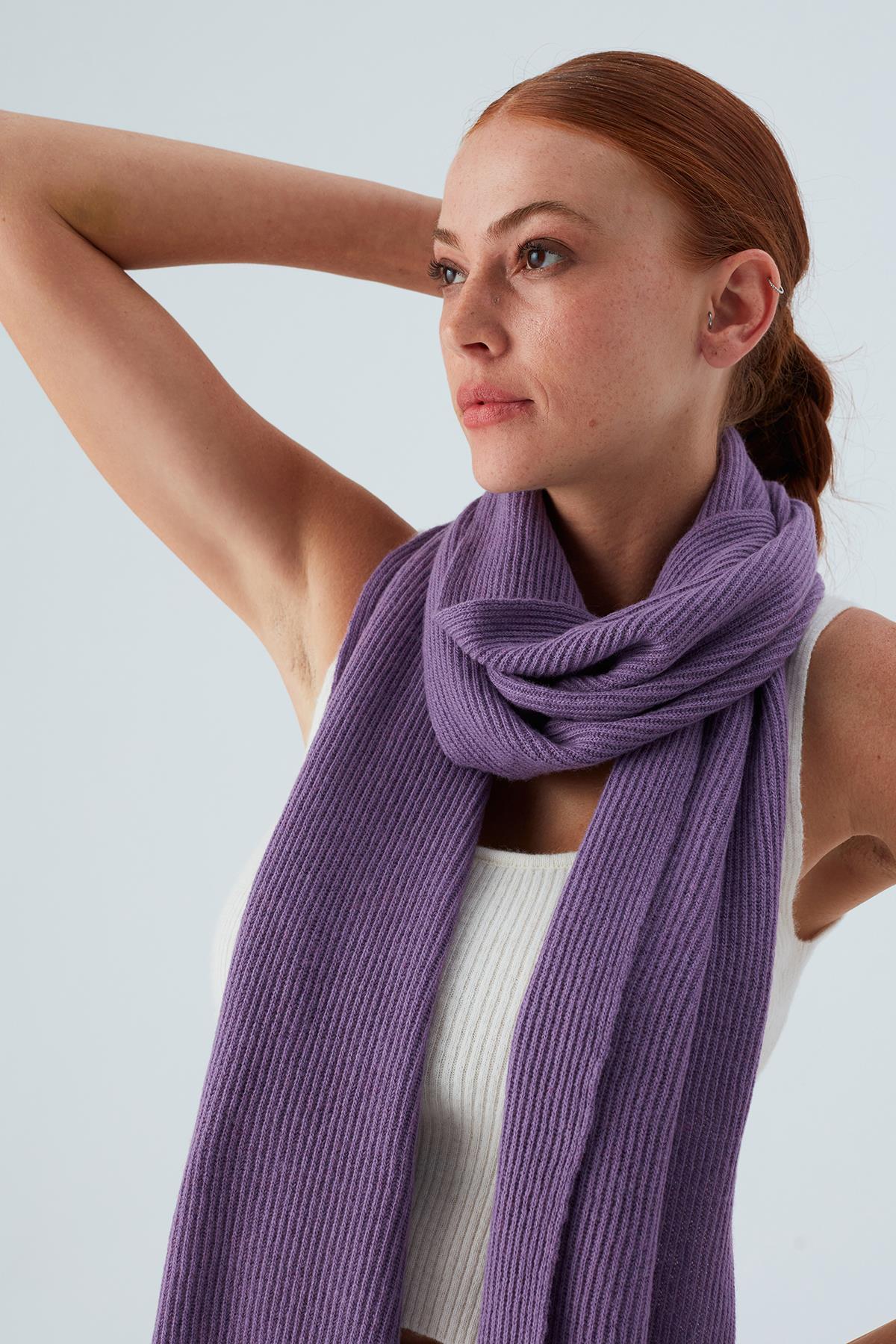 Peraluna Nomi Scarf Selanik Örgü Kaşmir Karışımlı Yumuşak Kadın Triko Atkı - Pastel Mor