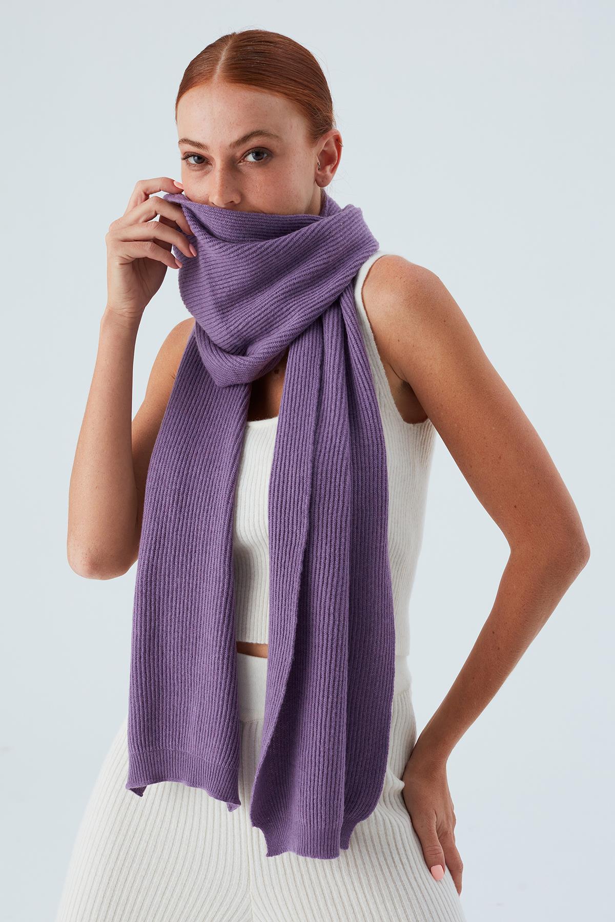Peraluna Nomi Scarf Selanik Örgü Kaşmir Karışımlı Yumuşak Kadın Triko Atkı - Pastel Mor