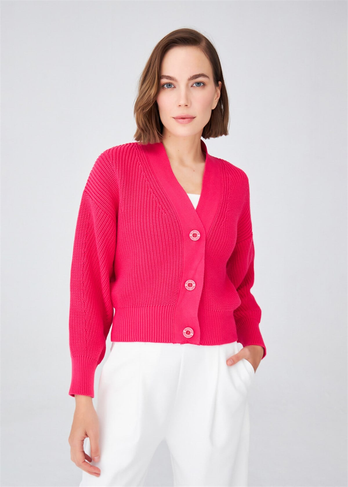 Peraluna Olivia Cardigan Selanik Örgü %100 Pamuk V Yaka Kadın Triko Hırka - Azalea Pink