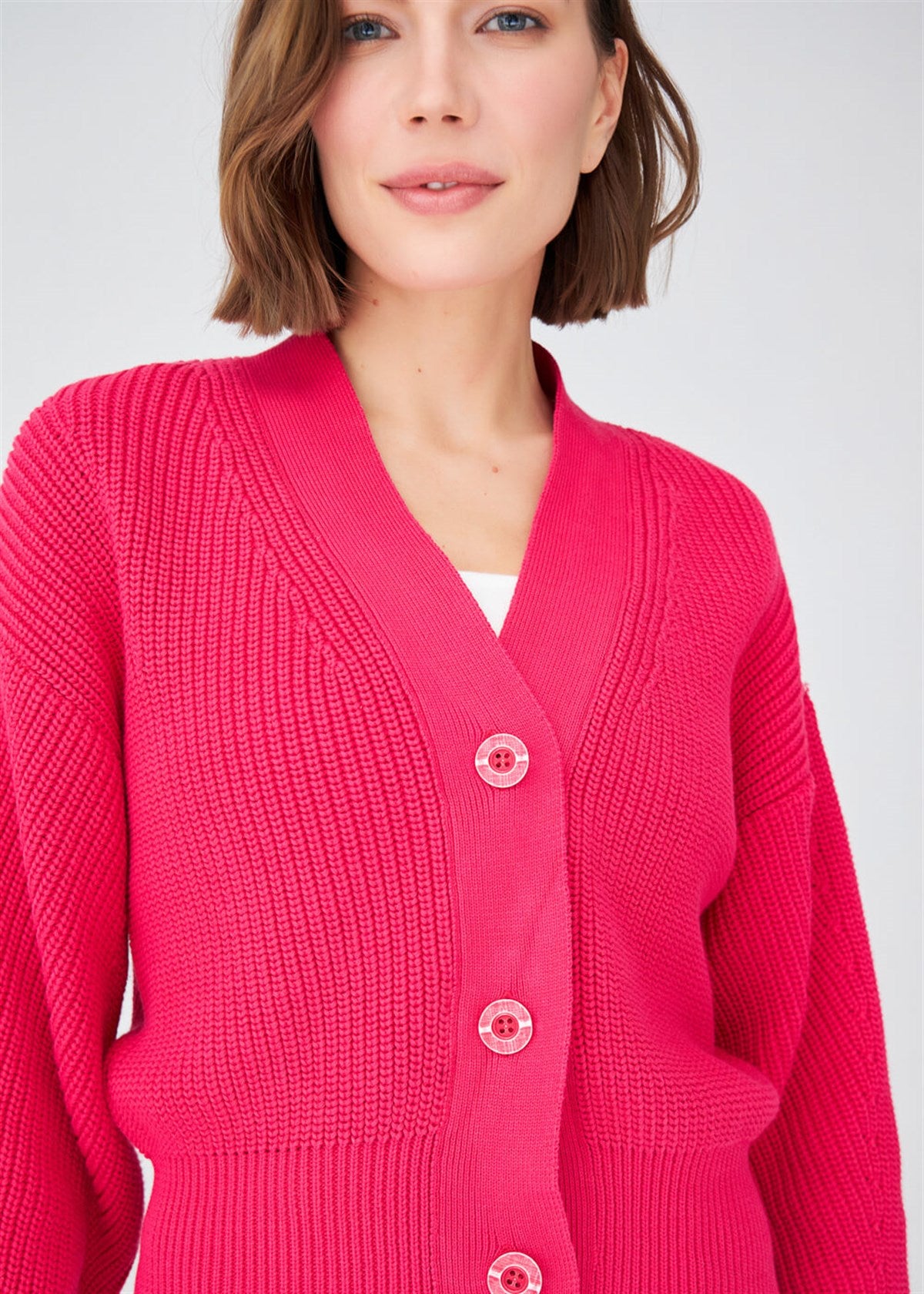Peraluna Olivia Cardigan Selanik Örgü %100 Pamuk V Yaka Kadın Triko Hırka - Azalea Pink