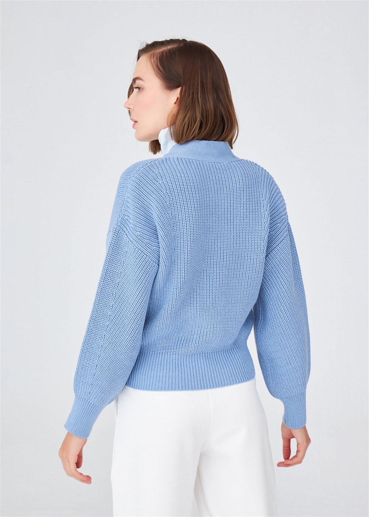 Peraluna Olivia Cardigan Selanik Örgü %100 Pamuk V Yaka Kadın Triko Hırka - Mavi