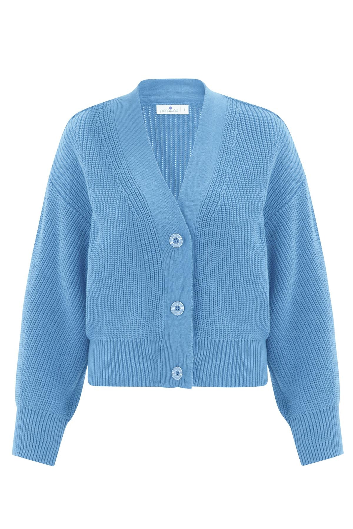 Peraluna Olivia Cardigan Selanik Örgü %100 Pamuk V Yaka Kadın Triko Hırka - Mavi