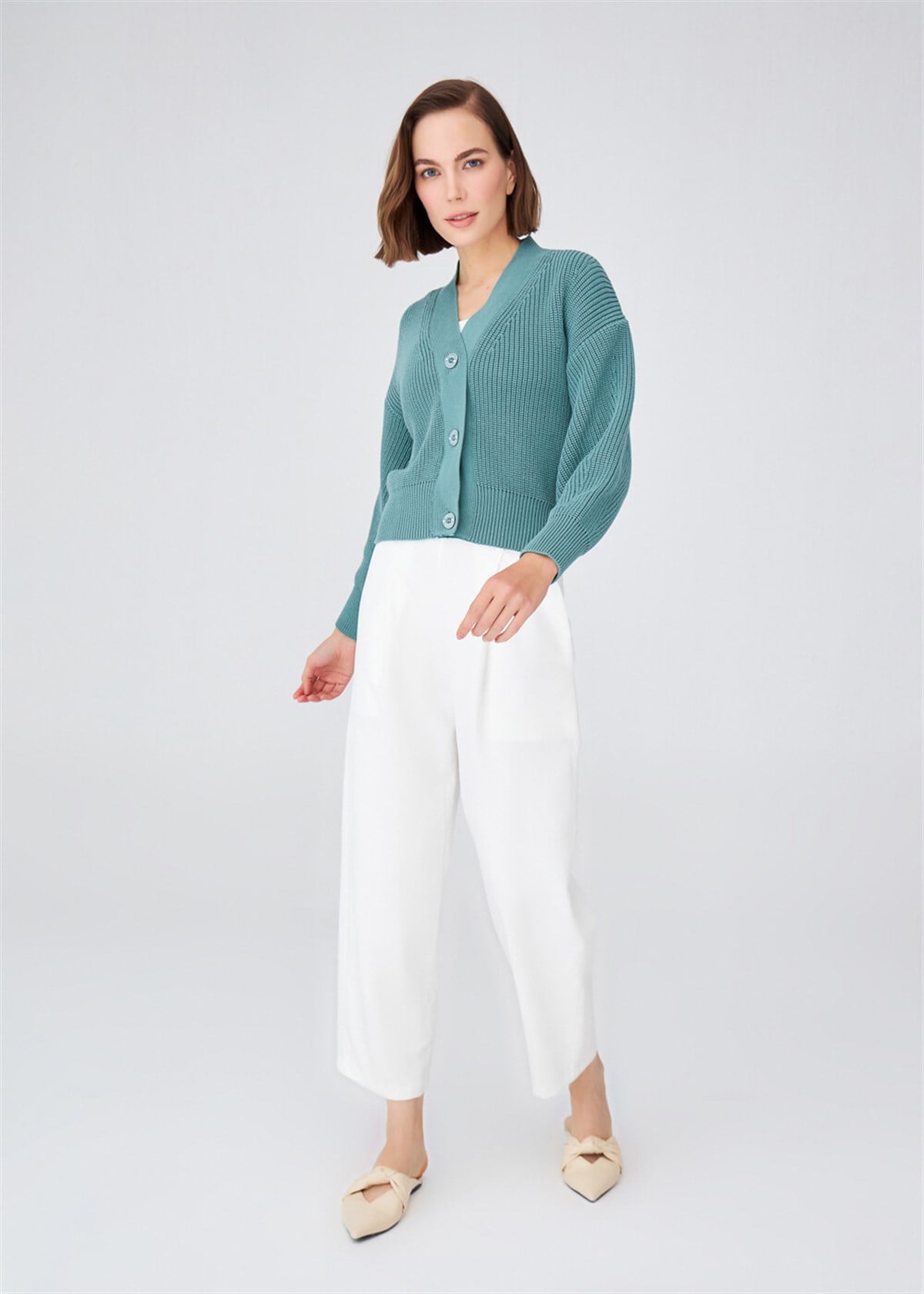 Peraluna Olivia Cardigan Selanik Örgü %100 Pamuk V Yaka Kadın Triko Hırka - Yeşil