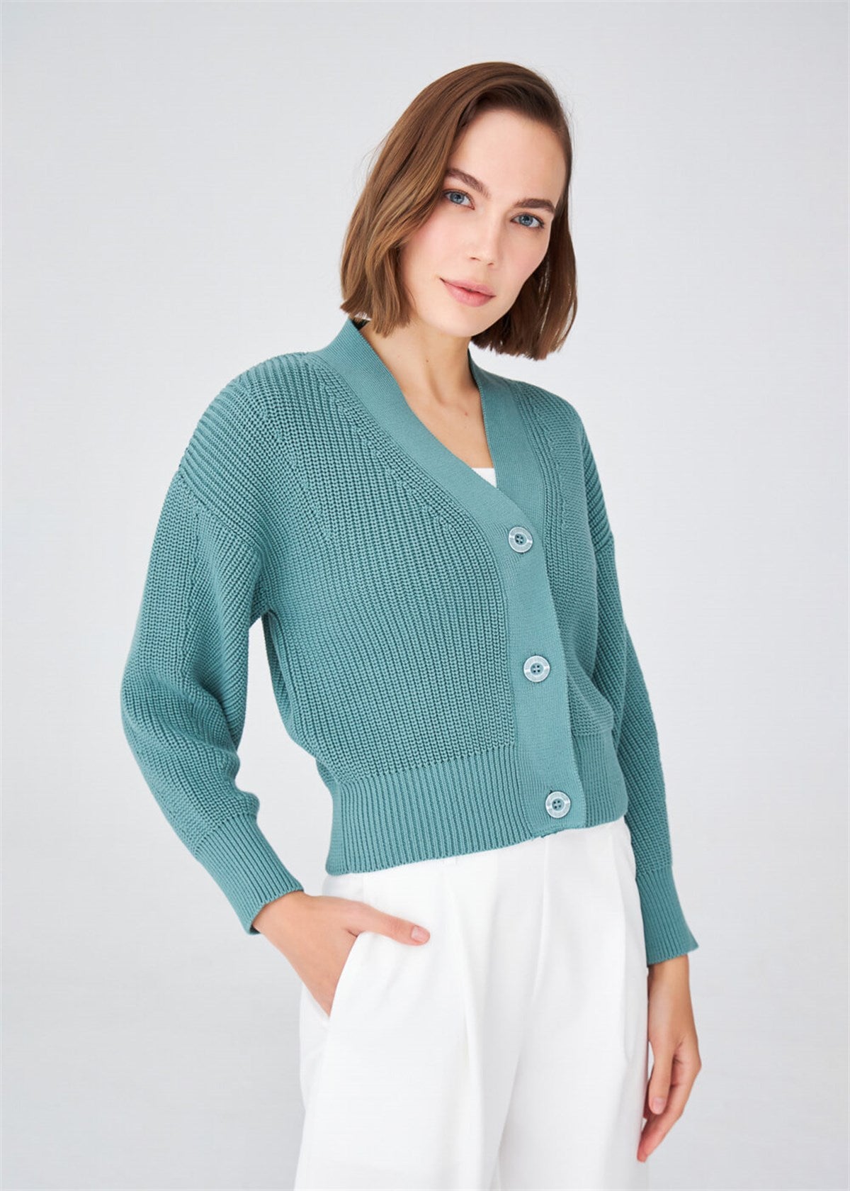 Peraluna Olivia Cardigan Selanik Örgü %100 Pamuk V Yaka Kadın Triko Hırka - Yeşil