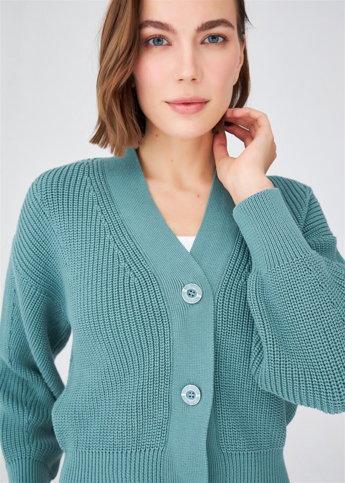 Peraluna Olivia Cardigan Selanik Örgü %100 Pamuk V Yaka Kadın Triko Hırka - Yeşil